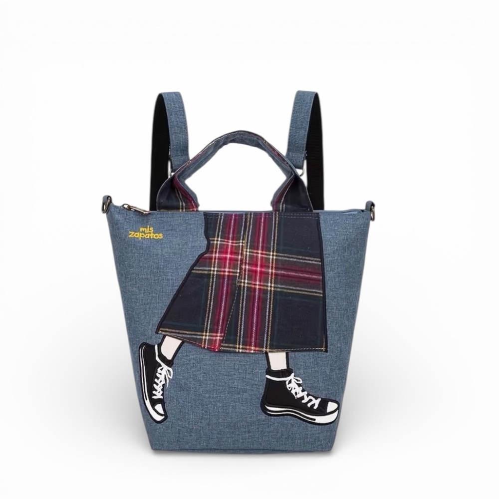 Mis Zapatos Denim Blue Backpack with Plaid Accents NWT